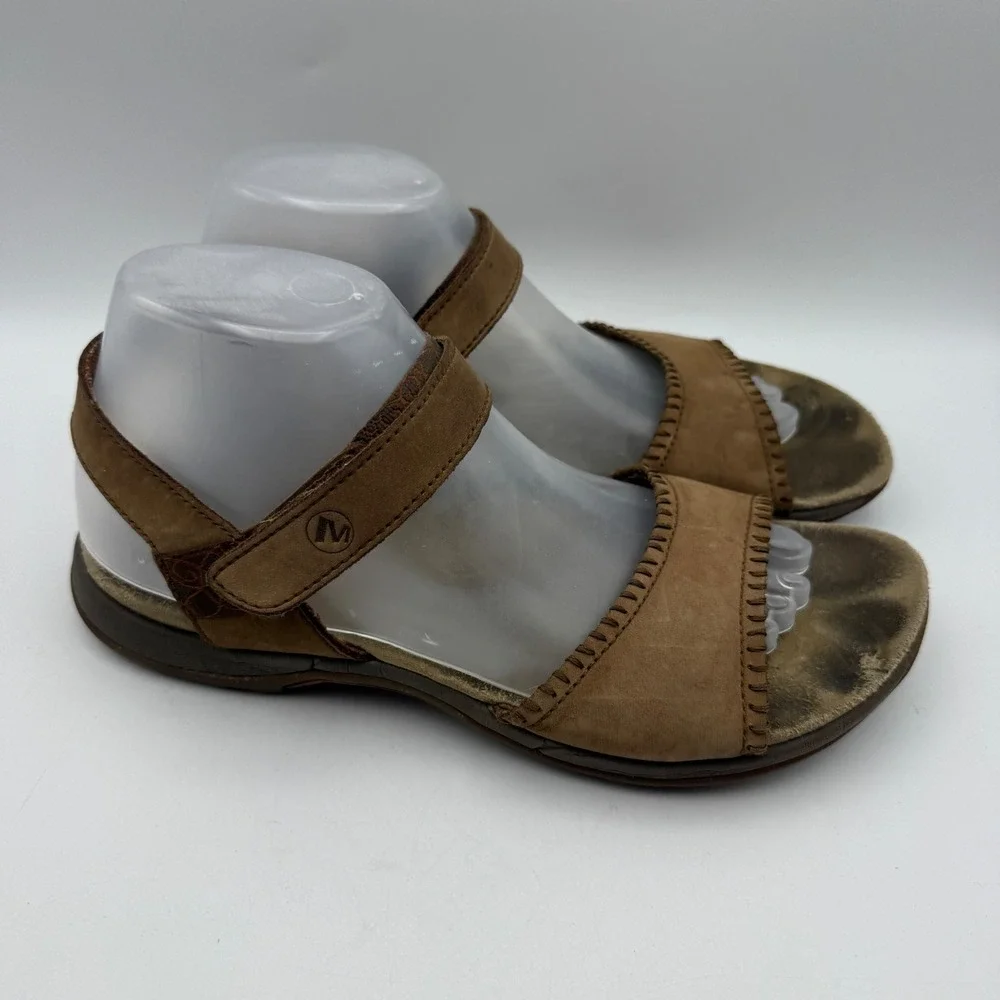Merrell QForm Sandals Womens 9 Brown Leather‎ Comfort Walking Hook Loop J57532